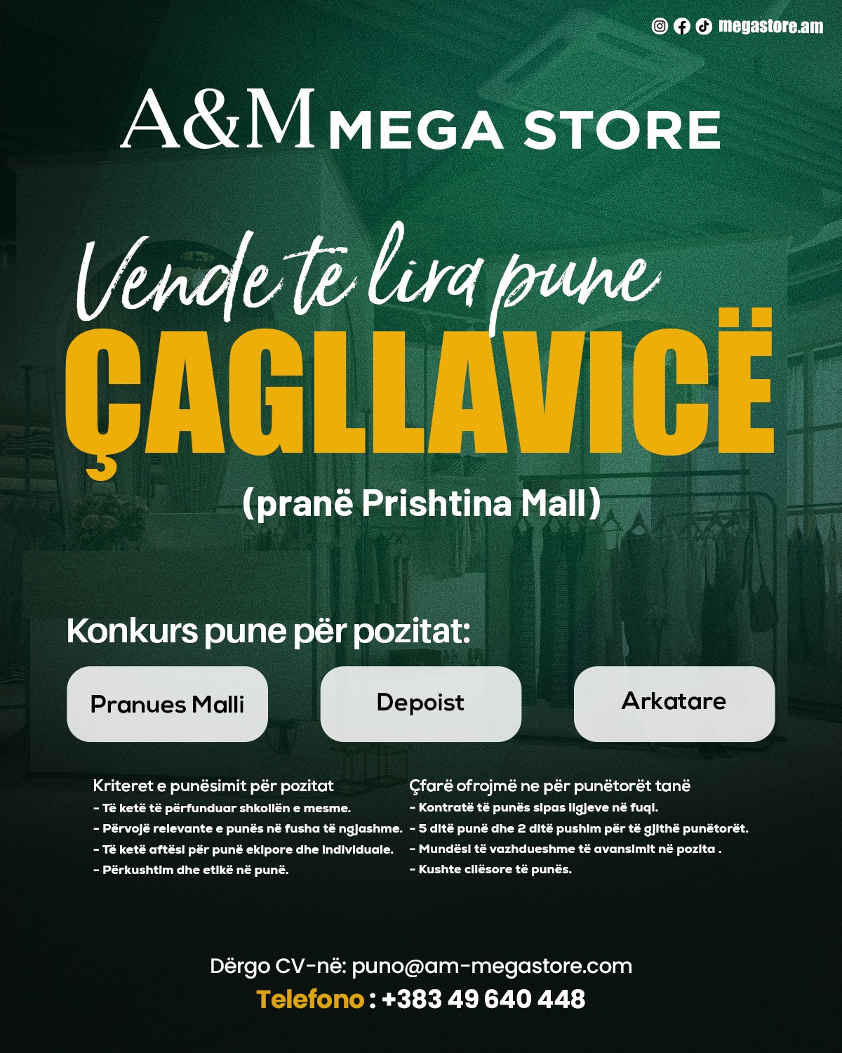 Vende të lira pune në A&M MEGA STORE (Çagllavicë)